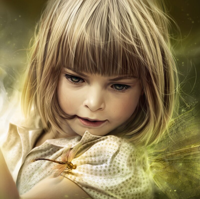 Blonde Girl with Dragonfly — Yellow, Serene