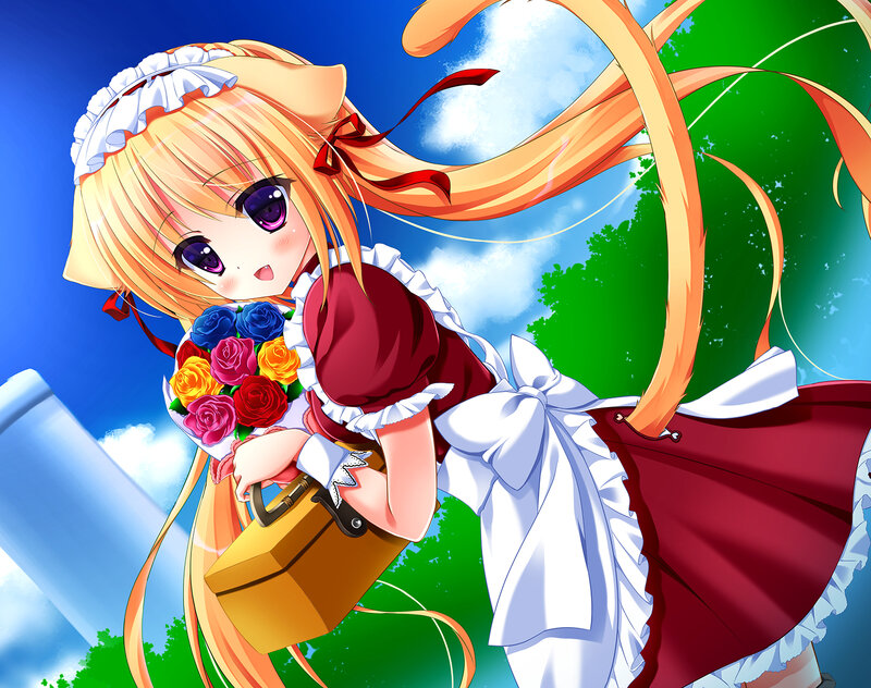 Blonde Girl with Flowers — Blue, Cheerful, Afternoon