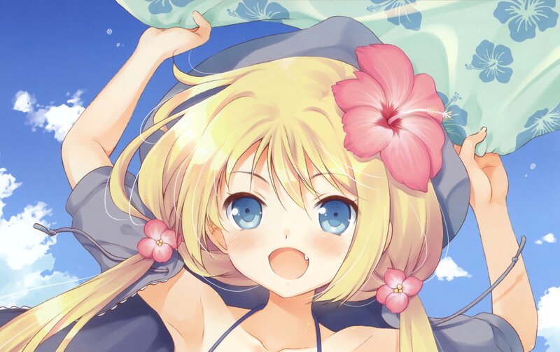 Blonde Girl with Flowers — Blue, Cheerful