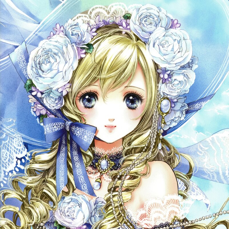 Blonde Girl with Flowers — Blue, Serene, Manga