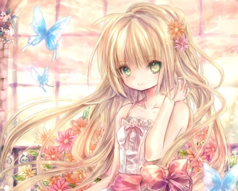 Blonde Girl with Flowers — Pink, Serene, Afternoon