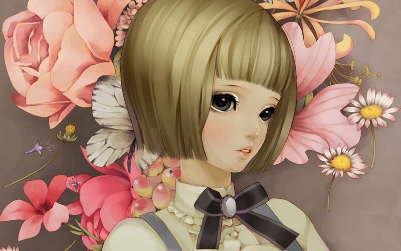 Blonde Girl with Flowers — Pink, Serene, Digital Art