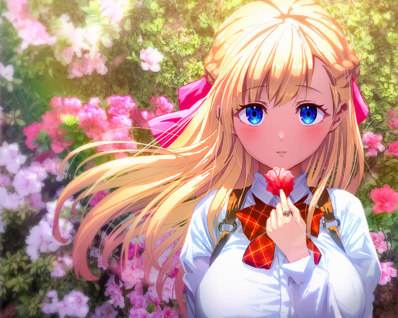 Blonde Girl with Flowers — Pink, Serene, Spring, Anime, School Uniform
