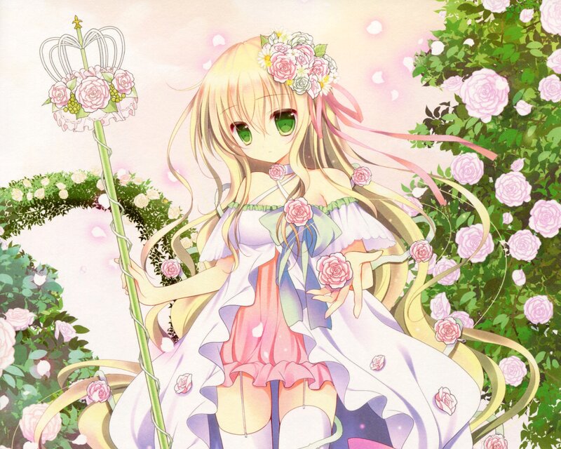 Blonde Girl with Flowers — Pink, Serene, Spring, Anime