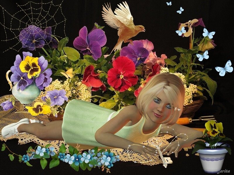 Blonde Girl with Flowers — Purple