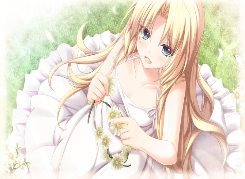 Blonde Girl with Flowers — White, Serene, Afternoon, Anime, Grass