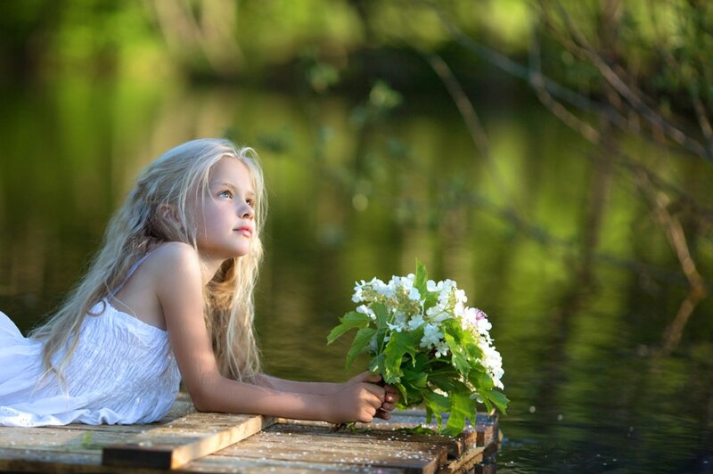 Blonde Girl with Flowers — White, Serene, Afternoon