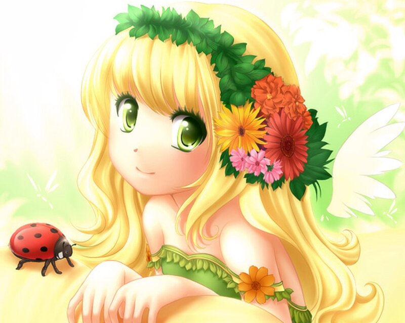 Blonde Girl with Flowers — Yellow, Serene, Spring, Anime