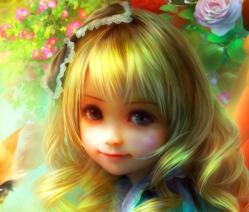 Blonde Girl with Flowers — Yellow, Serene, Spring, Digital Art