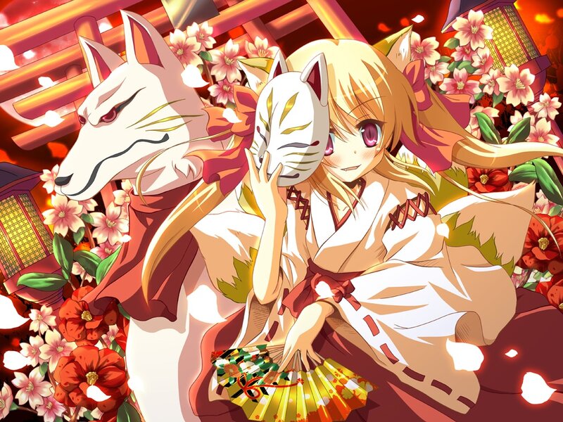 Blonde Girl with Fox Mask — Red, Festive