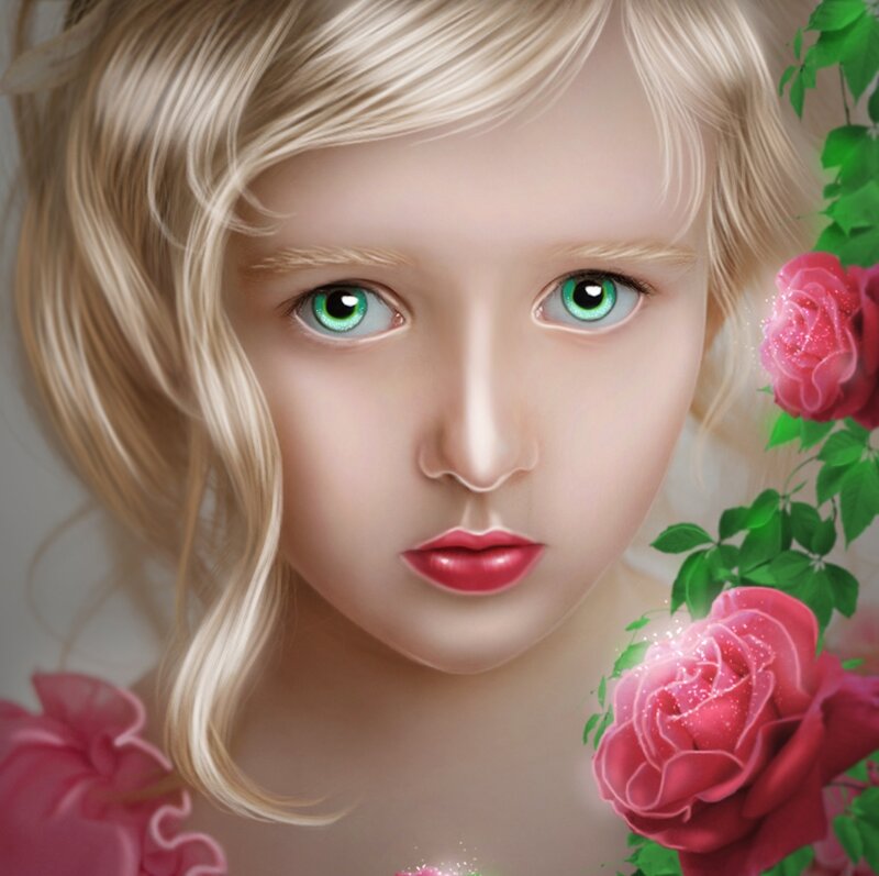 Blonde Girl with Green Eyes — Pink, Serene, Digital Art