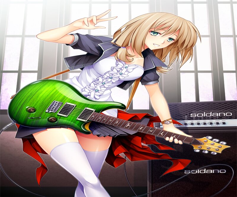 Blonde Girl with Guitar — Green, Confident