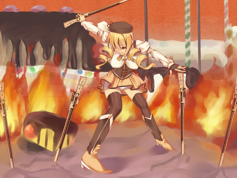 Blonde girl with guns in fire