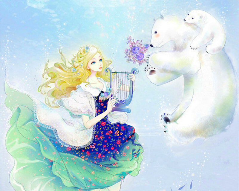 Blonde Girl with Harp — Blue, Serene