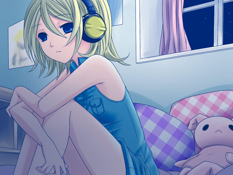 Blonde Girl with Headphones — Blue