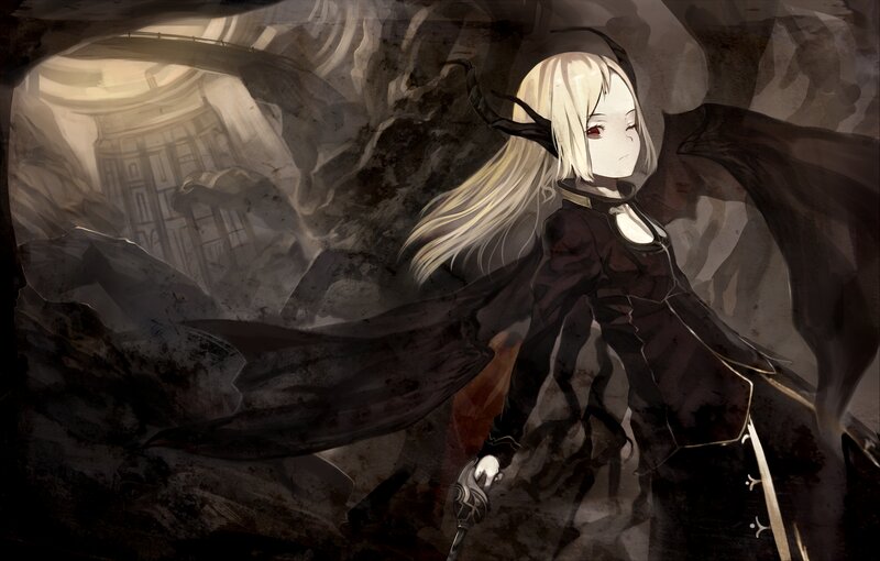 Blonde girl with horns in dark cave