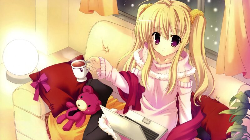 Blonde Girl with Laptop — Pink