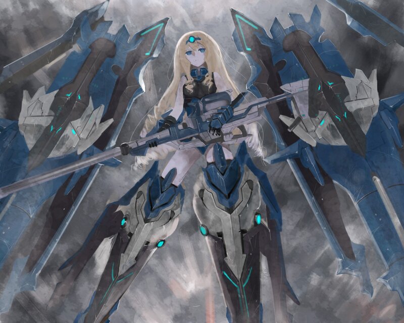Blonde Girl with Mech — Blue, Dramatic, Digital Art