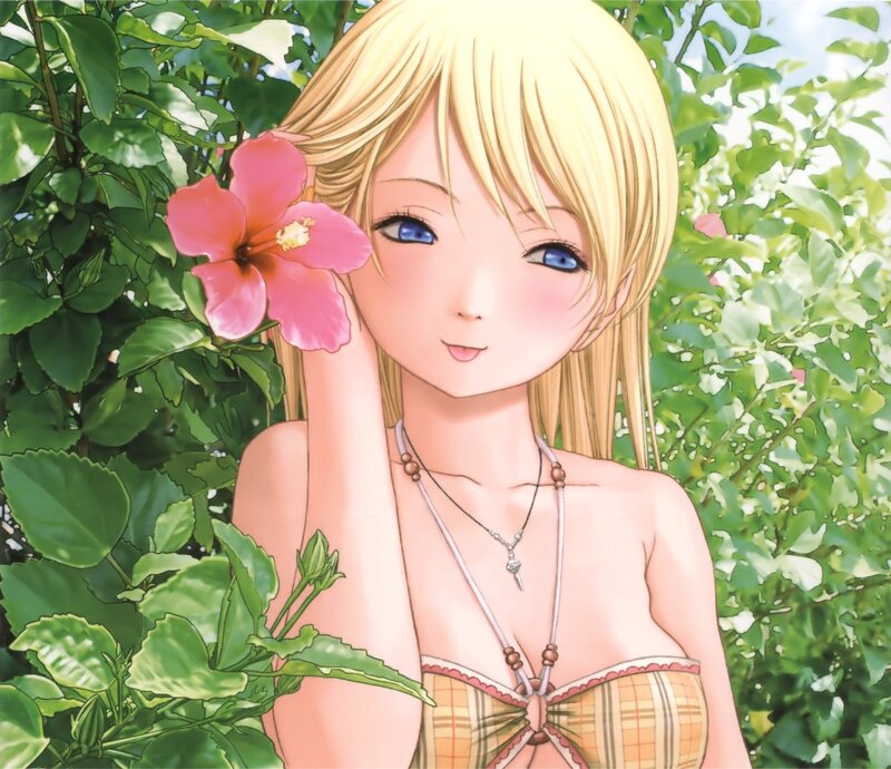 Blonde girl with pink flower