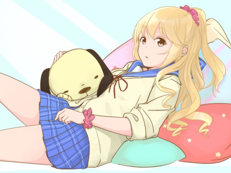 Blonde Girl with Plush Toy — Blue