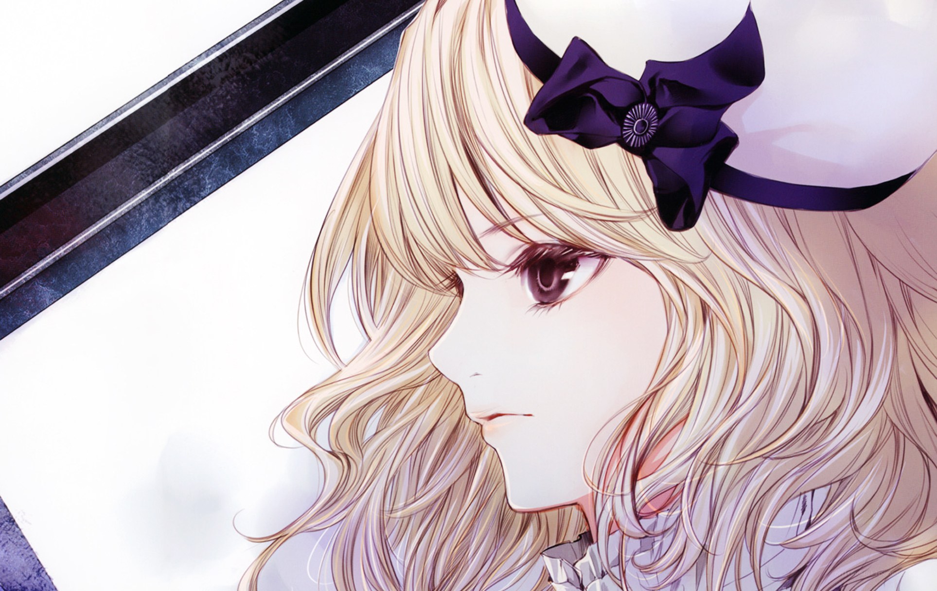 blonde girl with purple bow