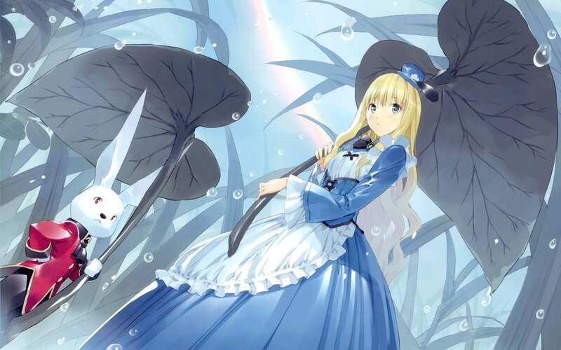 blonde girl with rabbit in garden