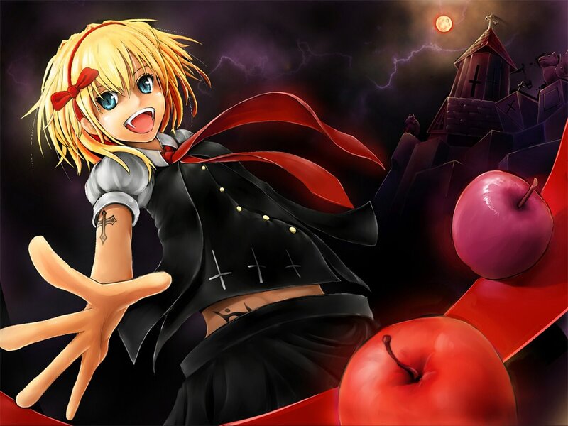 blonde girl with red apple