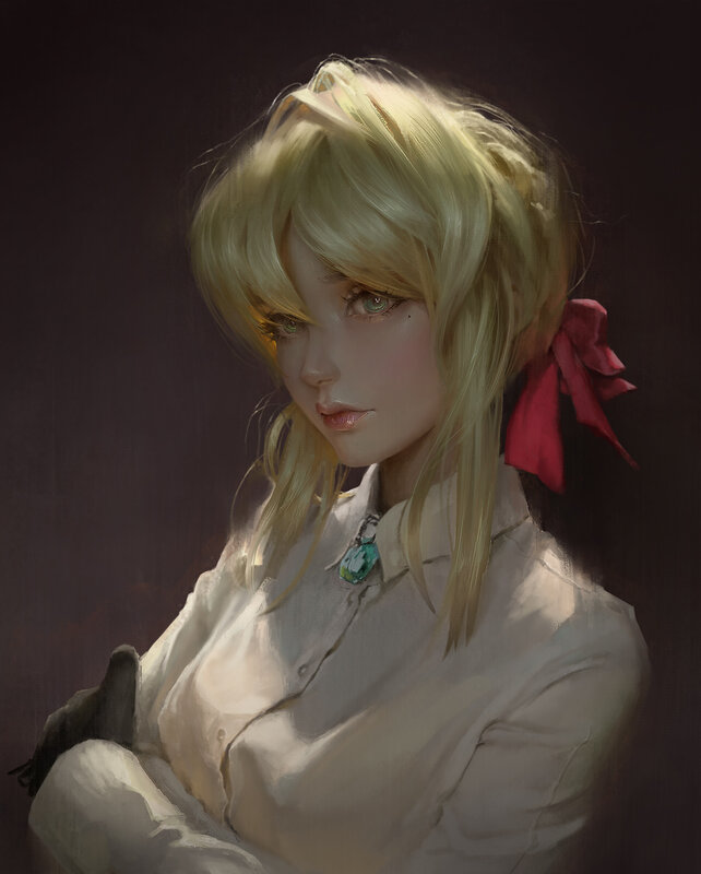 Blonde Girl with Red Bow — Dramatic, Digital Art