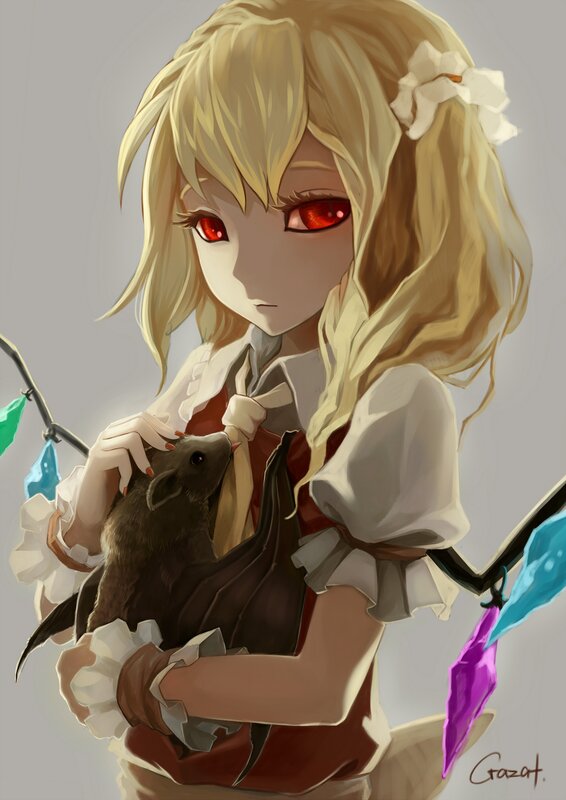 Blonde girl with red eyes holding a bat
