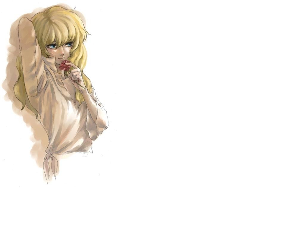 blonde girl with red flower