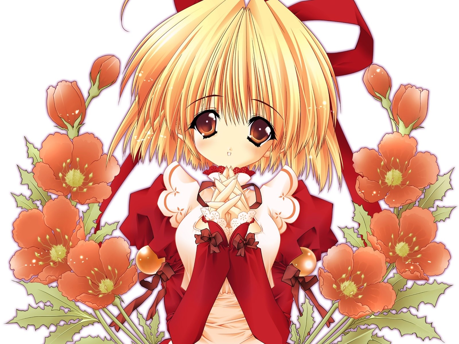 blonde girl with red flowers