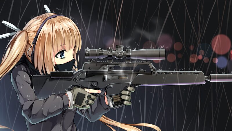 Blonde Girl with Rifle — Black, Dramatic