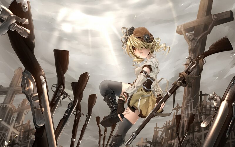 Blonde Girl with Rifle — Gray, Dramatic