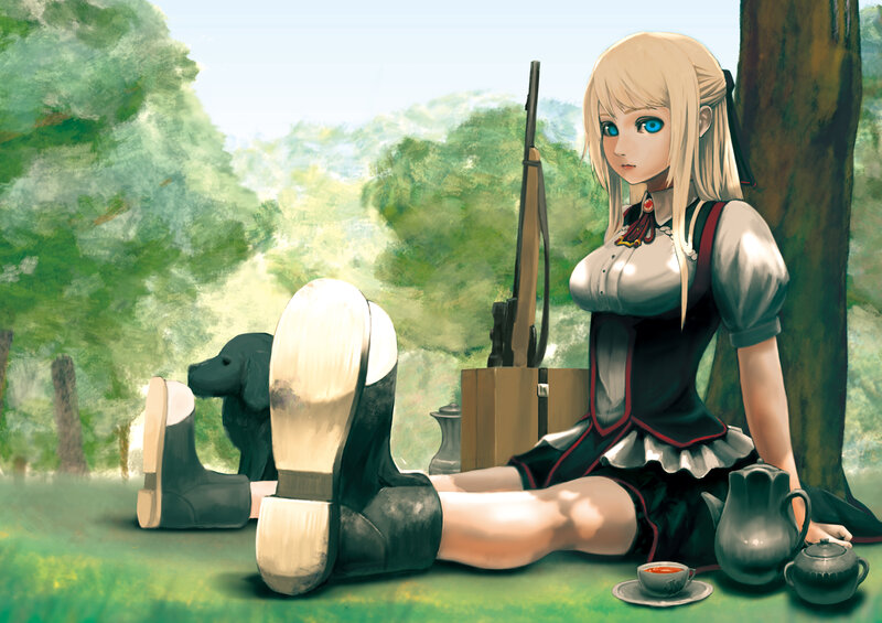 Blonde Girl with Rifle — Green, Serene, Afternoon