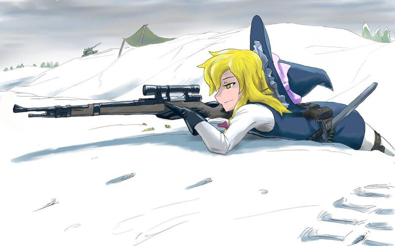 Blonde Girl with Rifle — White, Tense