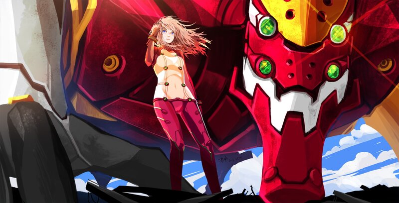 Blonde Girl with Robot — Red, Dramatic