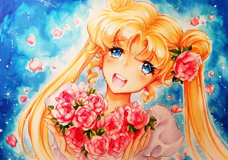 Blonde Girl with Roses — Blue
