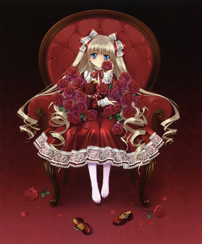 Blonde Girl with Roses — Red, Dramatic, Anime, Teddy Bear