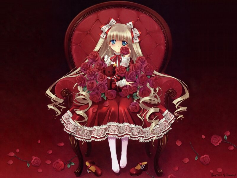 Blonde Girl with Roses — Red, Dramatic, Digital Art