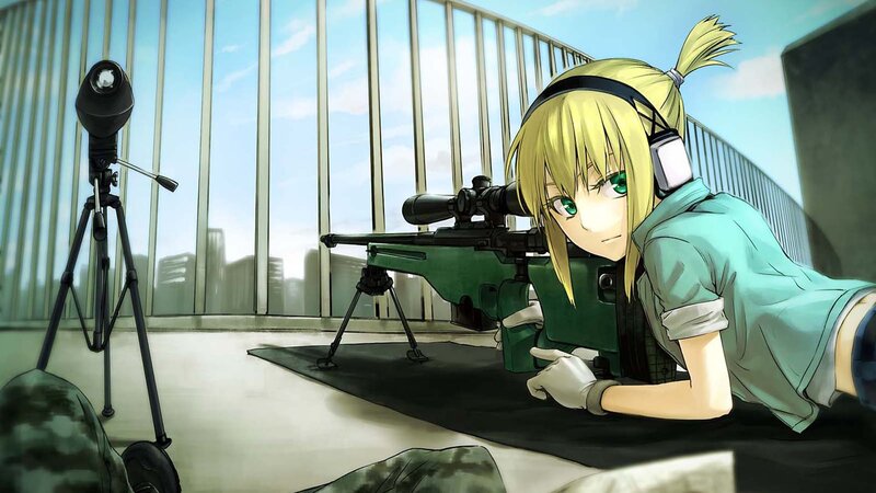 Blonde Girl with Sniper Rifle — Green, Focused, Afternoon