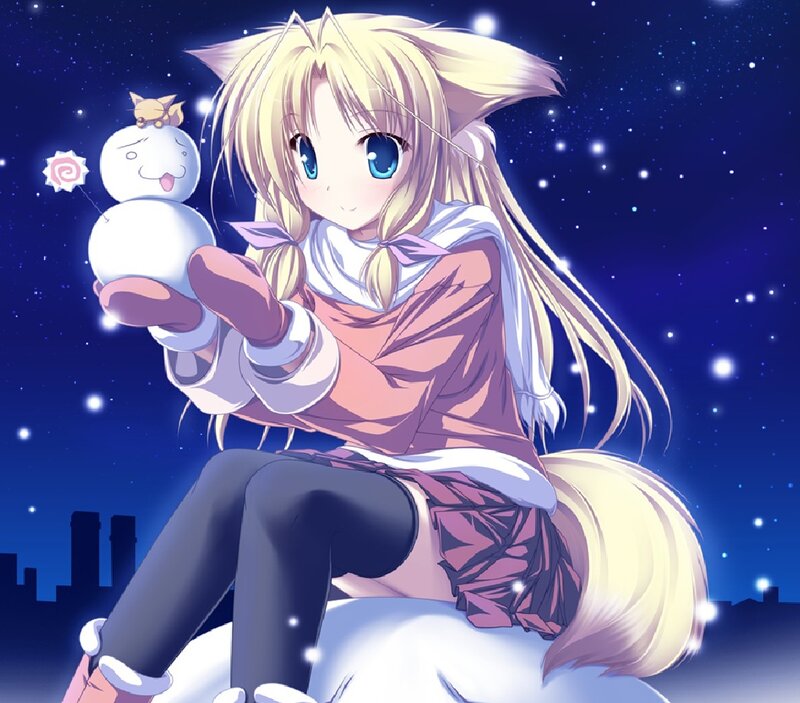 Blonde Girl with Snowman — Blue, Serene, Night, Anime