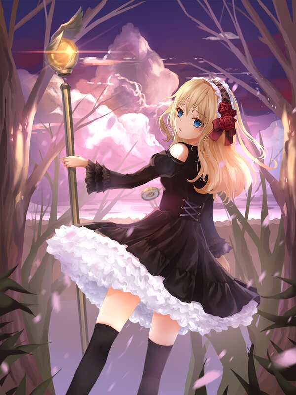Blonde Girl with Staff — Purple, Dramatic, Night, Anime, Flowers