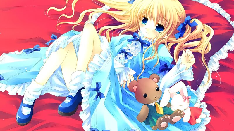 Blonde Girl with Stuffed Animals — Red