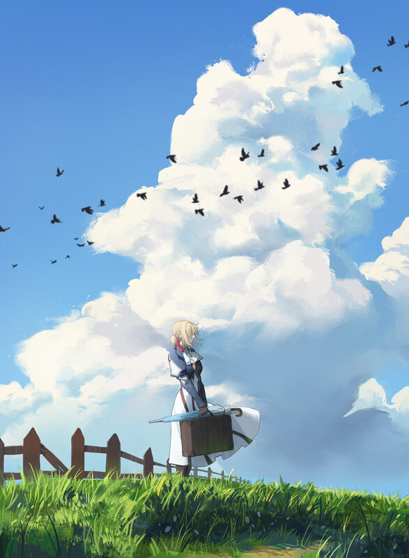 Blonde Girl with Suitcase — Blue, Serene, Afternoon, Digital Art