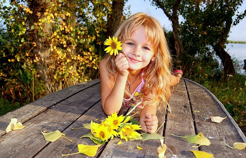 Blonde Girl with Sunflowers — Yellow, Serene, Afternoon