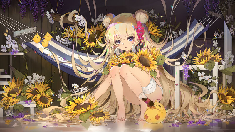 Blonde Girl with Sunflowers — Yellow, Serene, Night