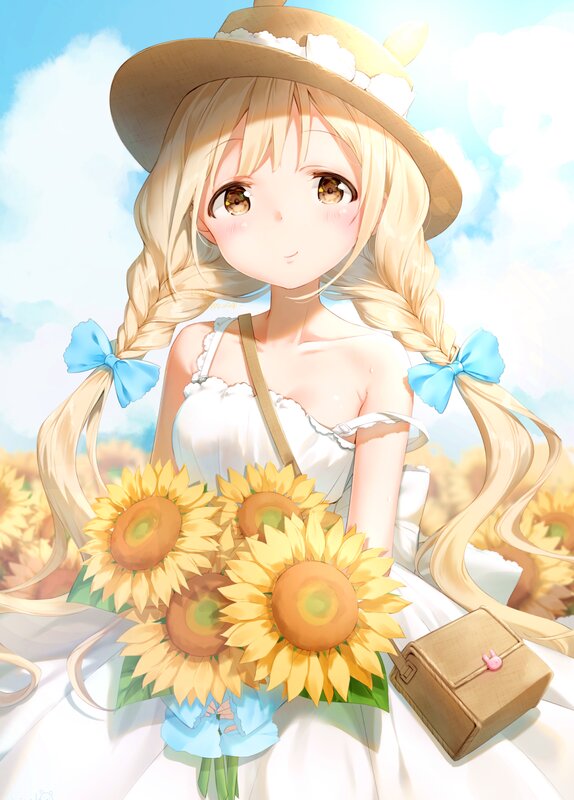 Blonde Girl with Sunflowers — Yellow, Serene, Summer