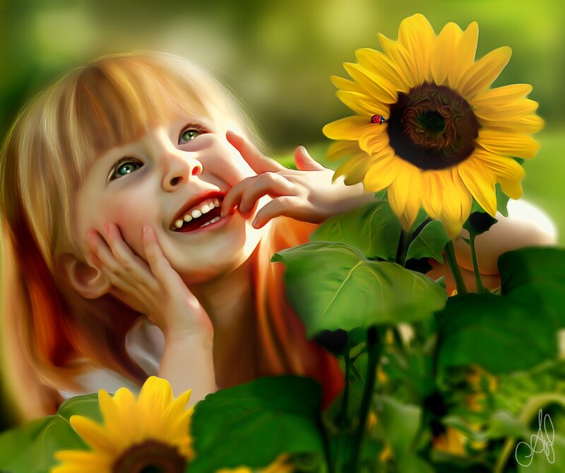 Blonde Girl with Sunflowers — Yellow