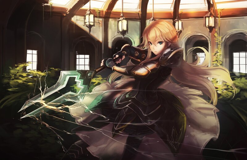 Blonde Girl with Sword — Black, Dramatic, Afternoon, Digital Art