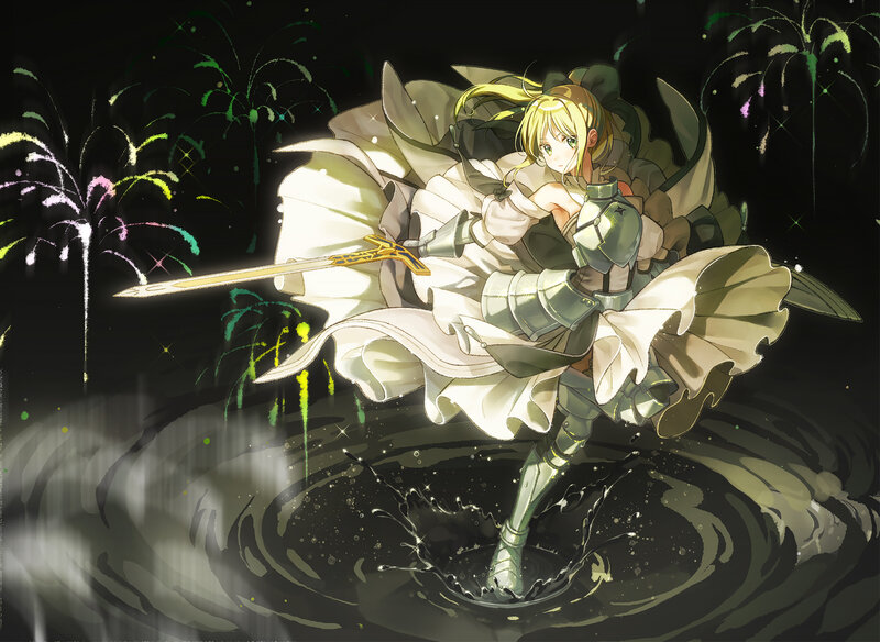 Blonde Girl with Sword — Black, Dramatic, Night, Anime, Fireworks